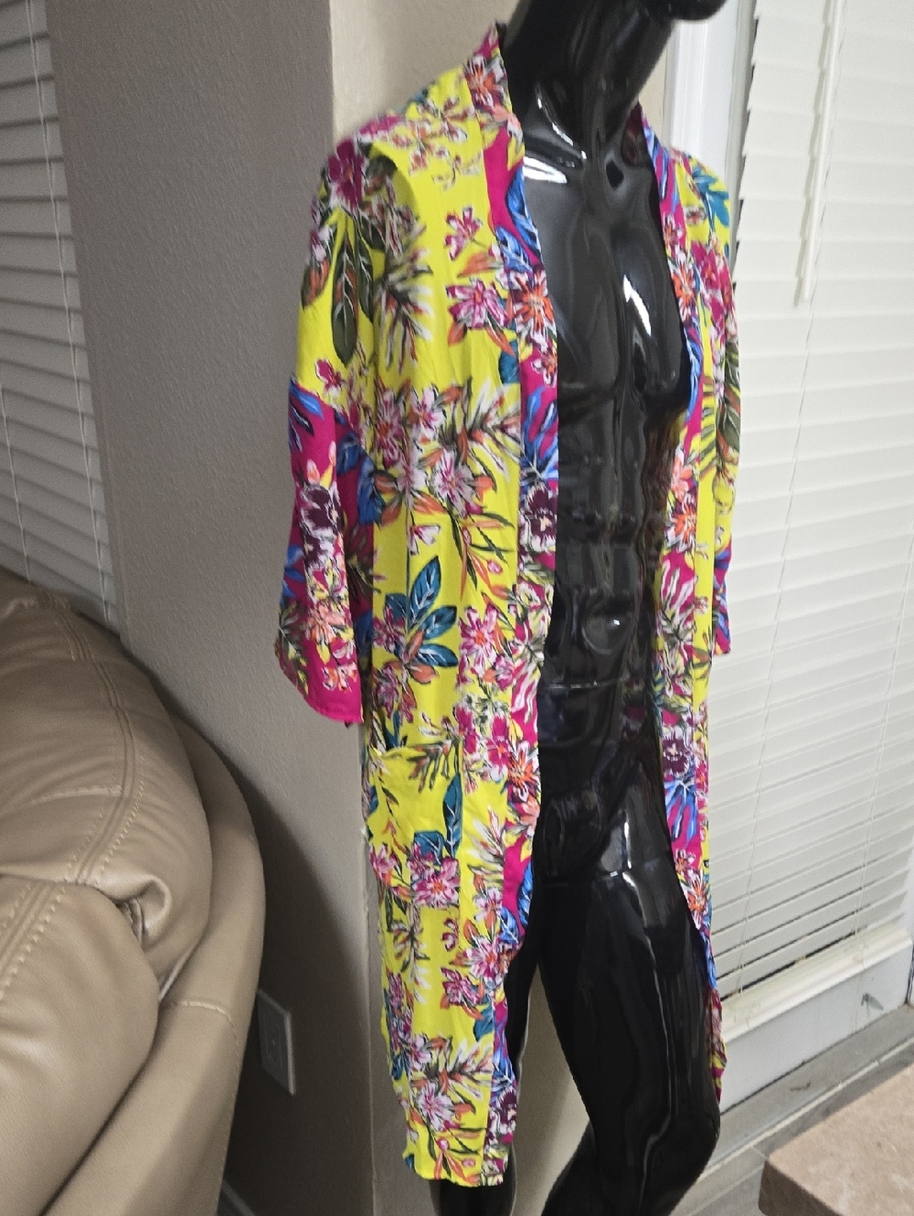 Time and Tru Yellow Floral Kimono Tunic with Pink and Blue Accents